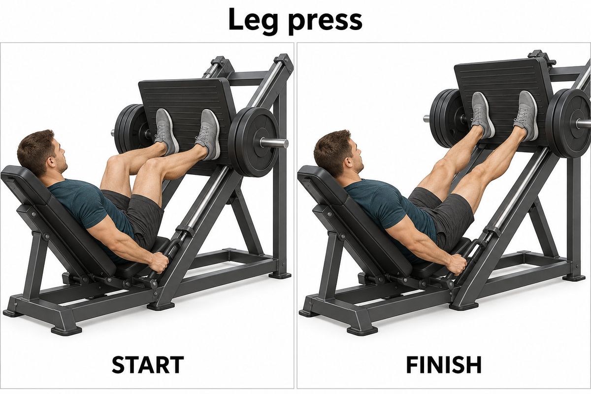 The app's leg press illustration, showing the start and finish positions side by side